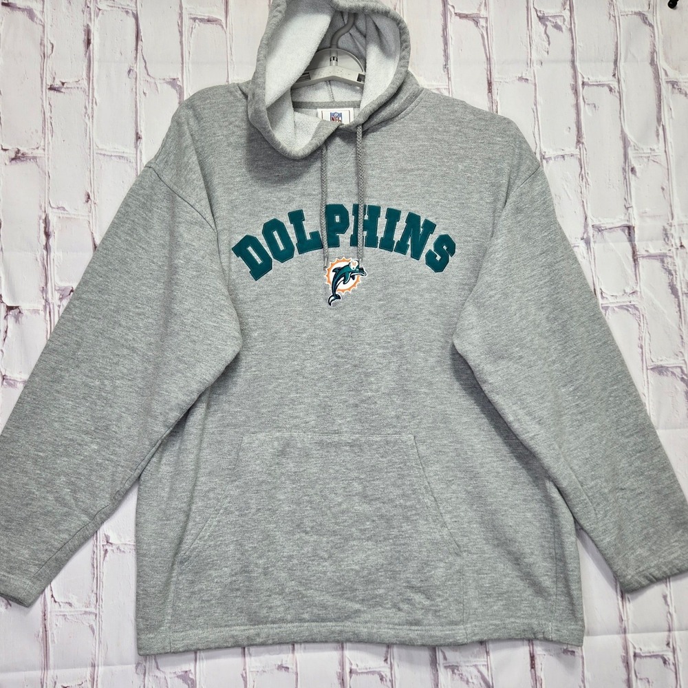 Miami Dolphins NFL Football Hoodie Gray Embroidered Logo Fleece Sweatshirt Men L